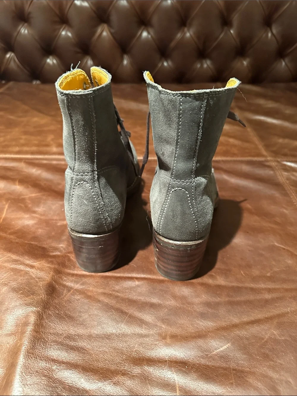 Frye Blue Gray Suede Lace-Up Ankle Boots with Yellow Interior.